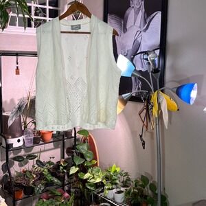Blair Vintage White Knit Sleeveless Cardigan Vest Open Front LGE Large